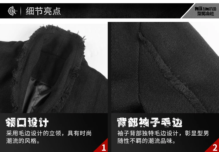 New Spring Retro Black Fur-trimmed Casual Slim Black European Style Suit for Men Stand Collar Men Suit Blazer Brand F8288