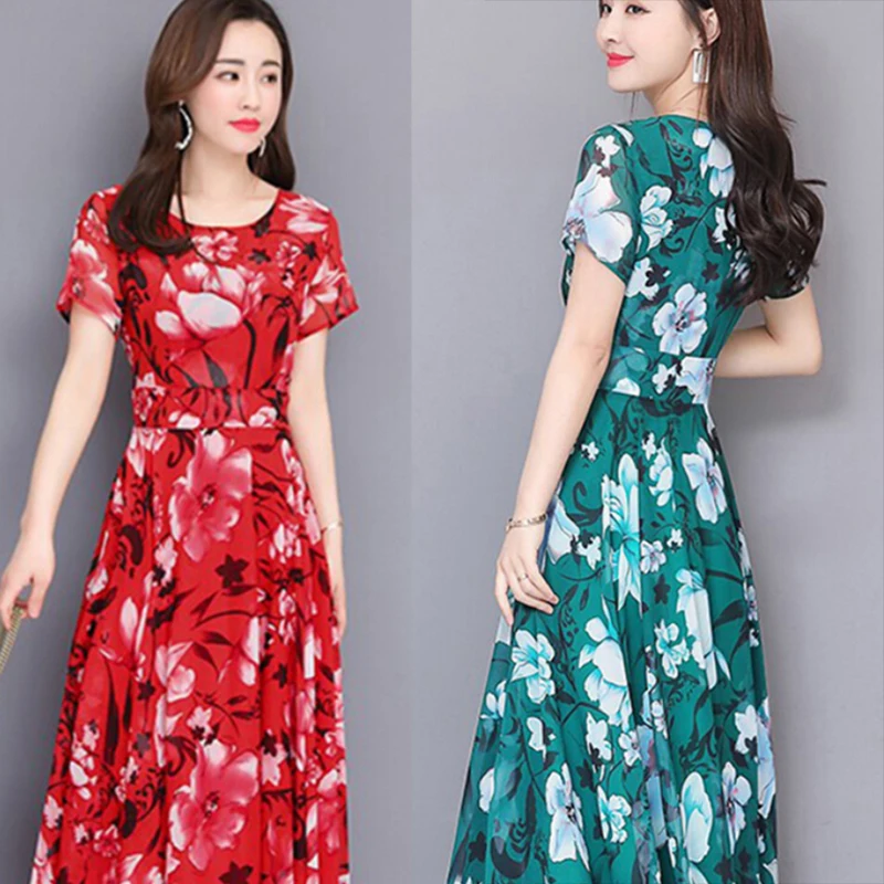 Женское платье летнее круглый вырез короткий рукав полиэстер цветочный рисунок