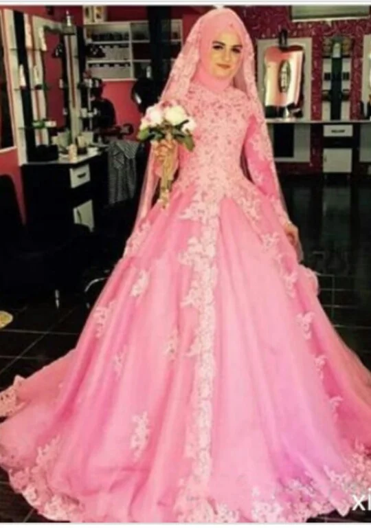 Розовый мусульманское свадебное платье бальное хиджаб с длинными рукавами из