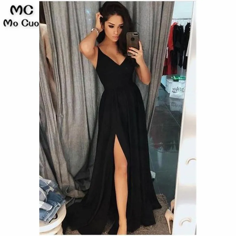 Женское платье трапеция с разрезом Черное длинное для выпускного вечера школы