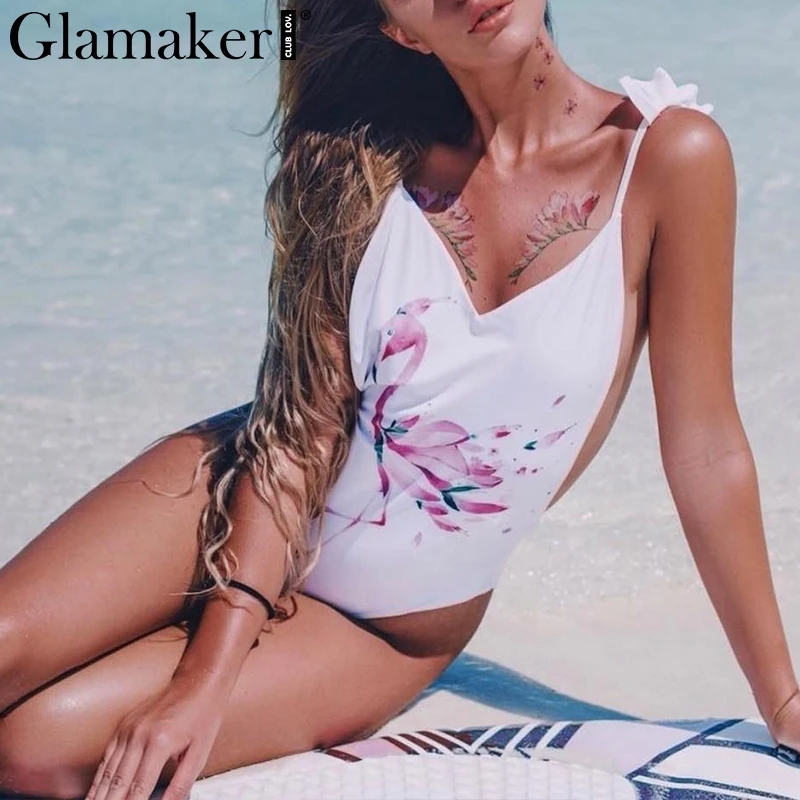 Glamaker слитный купальник с принтом фламинго боди оборками женский короткий
