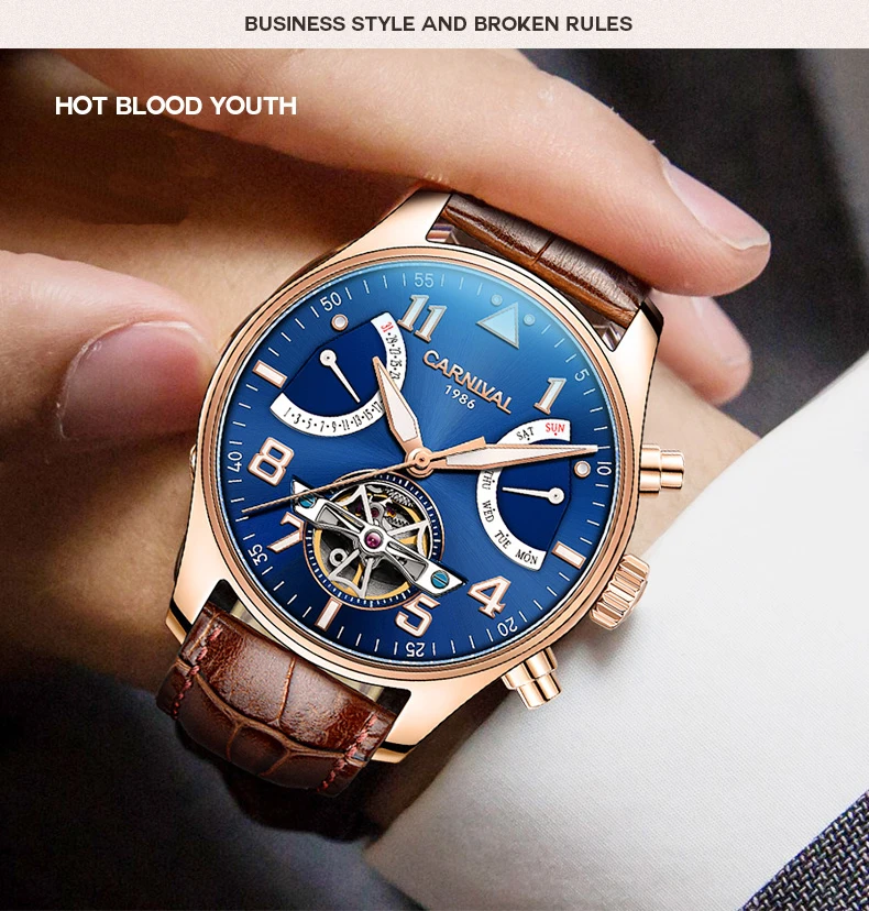 Мужские деловые часы Tourbillon брендовые Роскошные повседневные водонепроницаемые