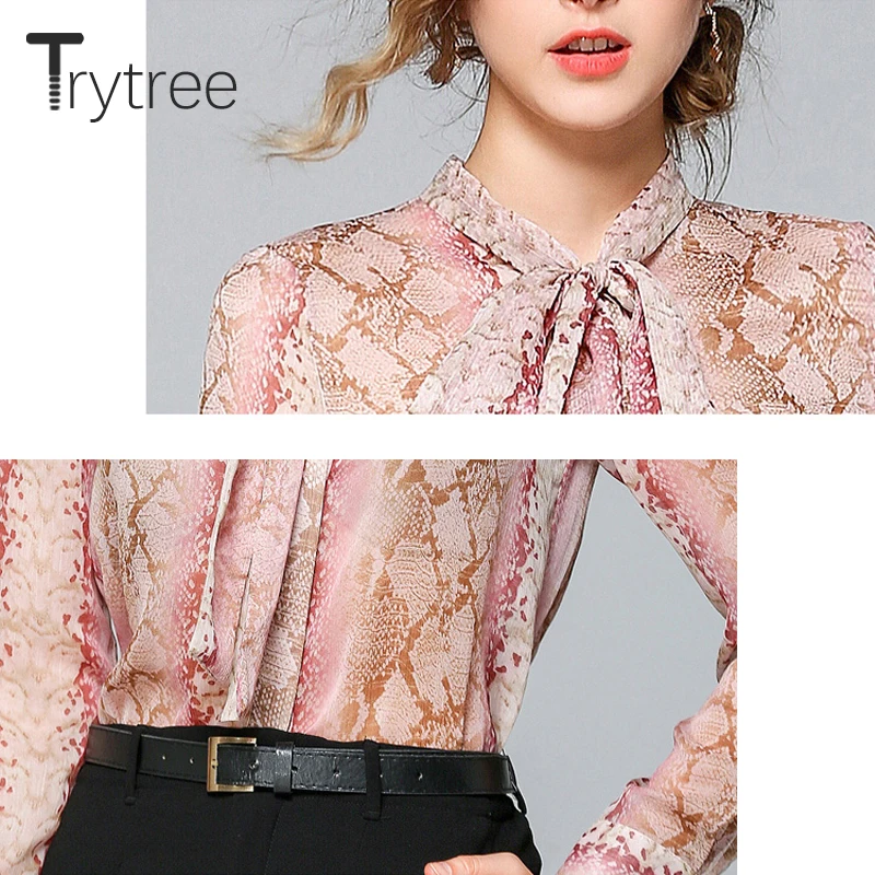 Ttytree Summer Autumn Fashion Blouses Pink Leopard Casual Shirt Women Bow Tie Single-breaste Silky Tops Office Lady Shirts |