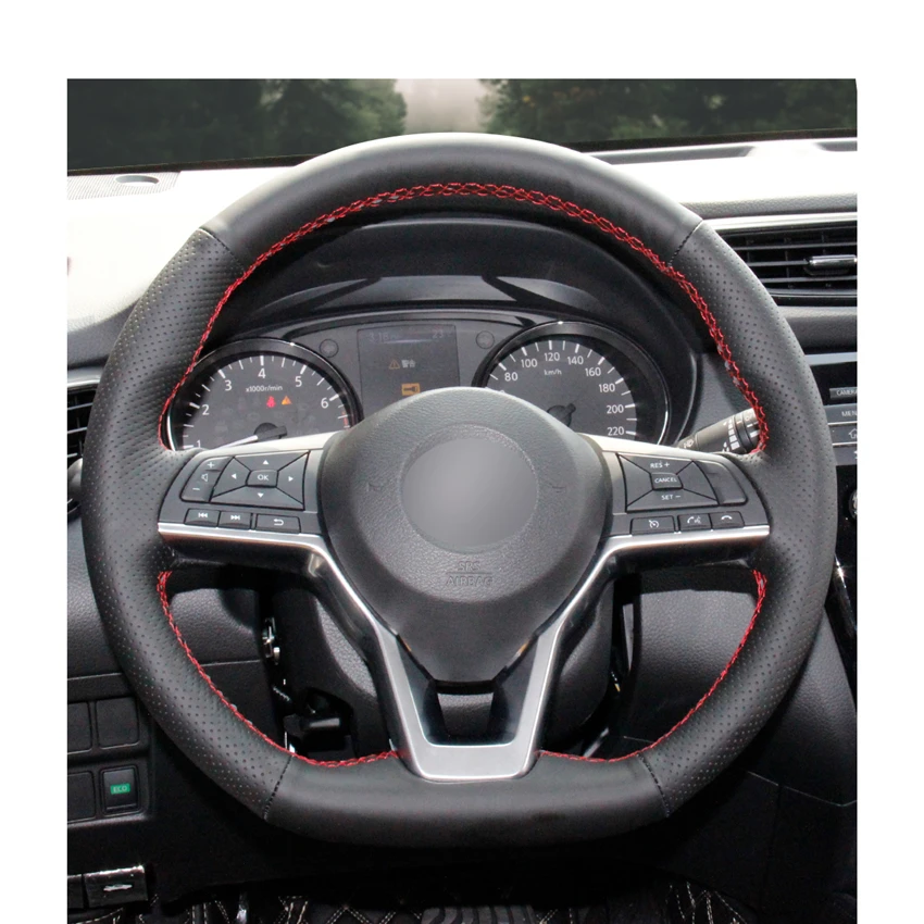 Черный кожаный чехол на руль для Nissan X-Trail- Qashqai Rogue(Sport)- Leaf
