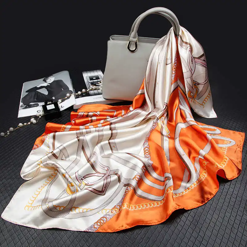 Модный Шелковый шарф с принтом цепи для женщин хиджаб 90*90 см большой квадратный