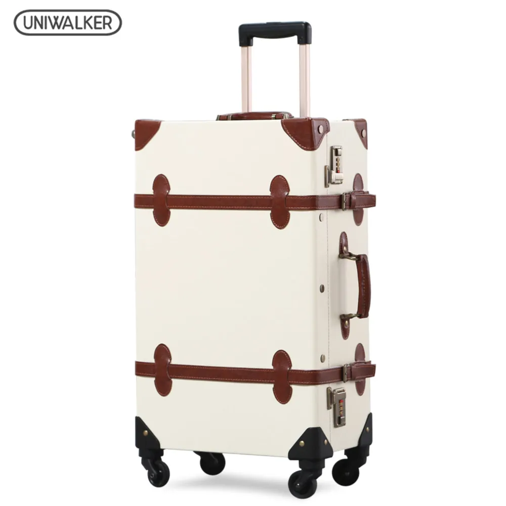 UNIWALKER Woman & Men Beige Vintage Design Travel Luggage Set Retro Trolley Bags Classic Suitcase carry on Luggage