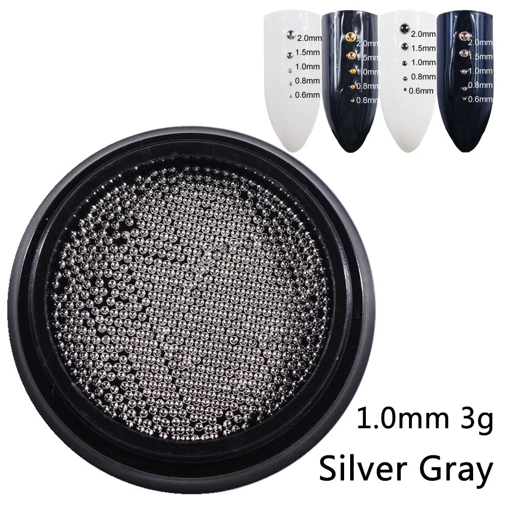 1.0mm silver grey 3g Металлические микро бусины из нержавеющей стали 0,6 мм-2,0 мм бусины для дизайна ногтей Икра 3D DIY золото/серебро/розовое золото/серебро серый аксессуары для дизайна ногтей - Цвет: 1.0mm silver grey 3g