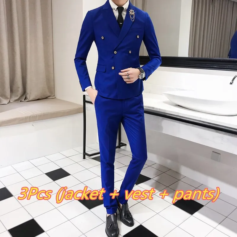 3 PCS Bright blue Роскошный Королевский мужской костюм 3 комплекта модный бутик двубортный сплошной цвет свадебное платье Тонкий деловой, банкетный вечерний наряд - Цвет: 3 PCS Bright blue