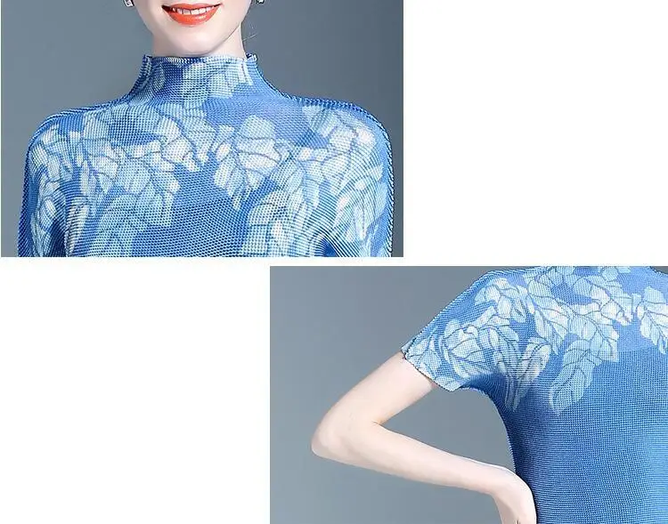 

Female T-shirt Summer Women's Fashion Printed Turtleneck Short Sleeves Ladies Stretch Miyake Pleats Slim Short Thin Tops Female