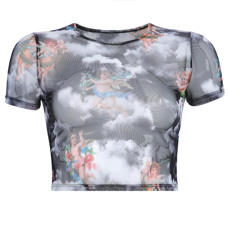 7 Mang лето 2019 сексуальный черный сетчатый топ с принтом ангела короткий рукав