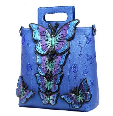 Large Royal Blue Национальный стиль бабочка вышитые Для женщин модные кожаные Сумки женский бренд сумка Повседневное сумка через плечо - Цвет: Large Royal Blue