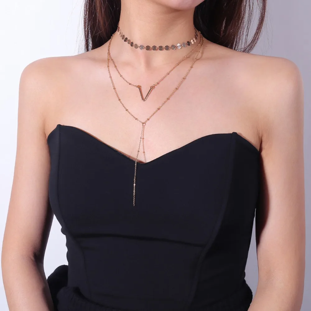 Круглый блестки V-shape Длинная цепочка с подвеской кисточкой ожерелье набор женщин
