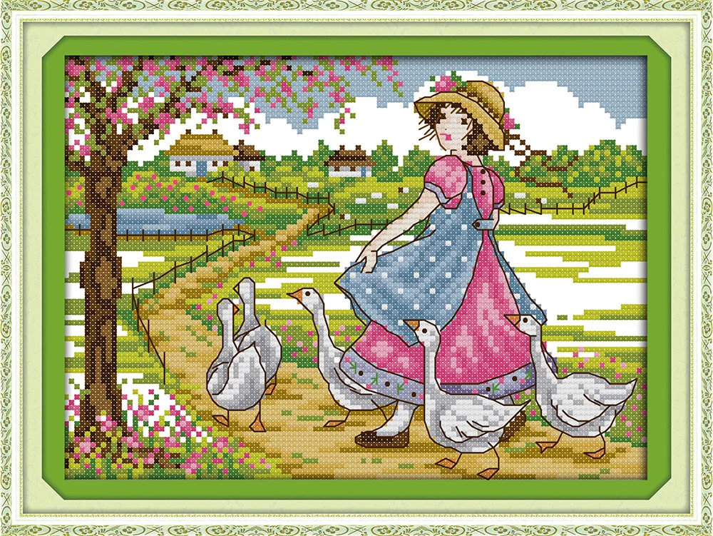 Joy Sunday The happy Grazing geese girl in кантри DMC Китайский Набор для вышивки крестиком|joy sunday|joy