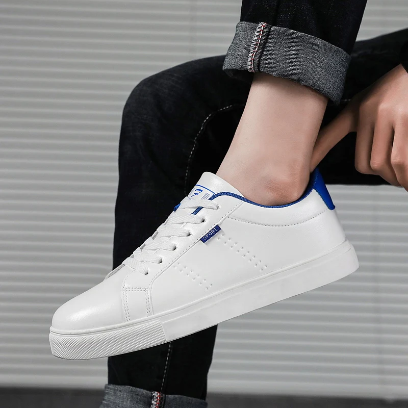 PUPUDA Men Shoes Spring Autumn Casual Leather Flat Lace-up Low Top White Male Sneakers Classic comfortable fashion Korean | Обувь