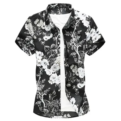 5932 black Summer New Men Floral Printed Hawaiian Vacation Party Casual Shirts Hip Hop Fashion Short Sleeve Black Shirt Plus Size 6XL 7XL - Color: 5932 black