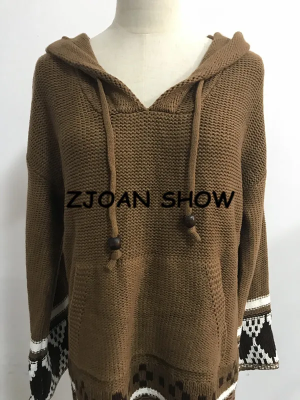 Женские свитера с капюшоном BOHO геометрическим узором длинным рукавом на осень и
