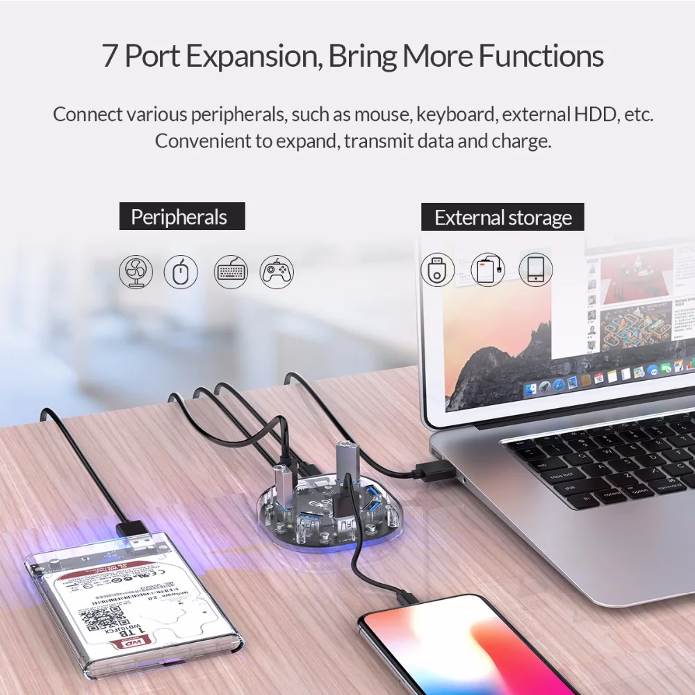Прозрачный Настольный Концентратор ORICO с 7 портами s USB3.0 внешним портом питания 1 м