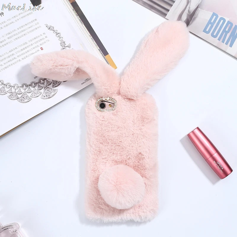 For iPhone 11 12 pro phone case 3D Cute Rabbit Hairy Warm Fur Cover for 6s 7 8plus XR Xs MAX Bling Rhinestone Plush Bunny Girls | Мобильные