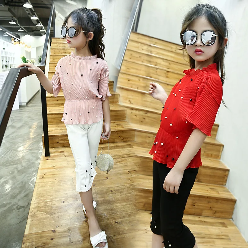 Chiffon Beaded Girl Little Clothes 2 Piece Set Kid Clothing Red Top Pants 2020 | Детская одежда и обувь