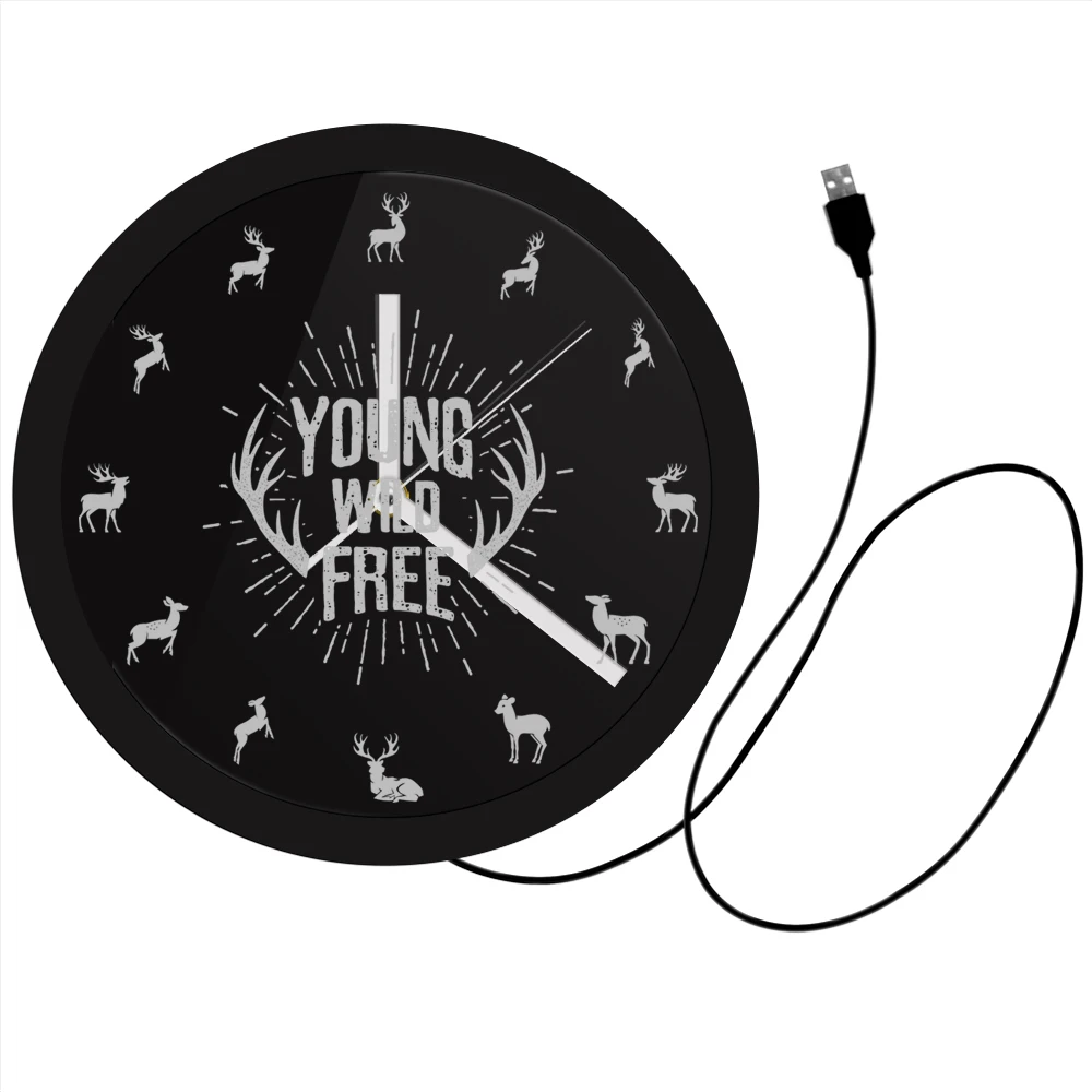 Young Wild Free вдохновляющие цитаты оленьи рога настенные часы со светодиодной