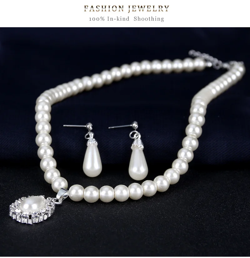 Fashion Imitation Pearl Drop Earrings Necklace Women Wedding Jewelry Sets Charming Flower Pendant Crystal Bridal Set T | Украшения и