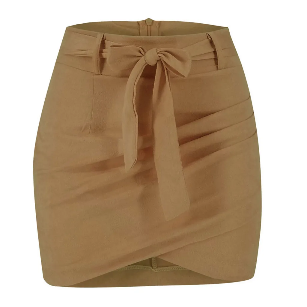 Khaki Новинка, женская летняя однотонная мини-пляжная юбка с бантом - Цвет: Khaki