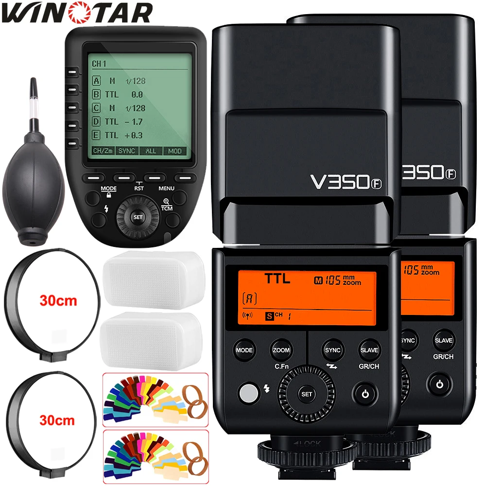 В наличии вспышка Godox 2x V350F TTL HSS 1/8000s Speedlite со встроенной литий ионной батареей 2000