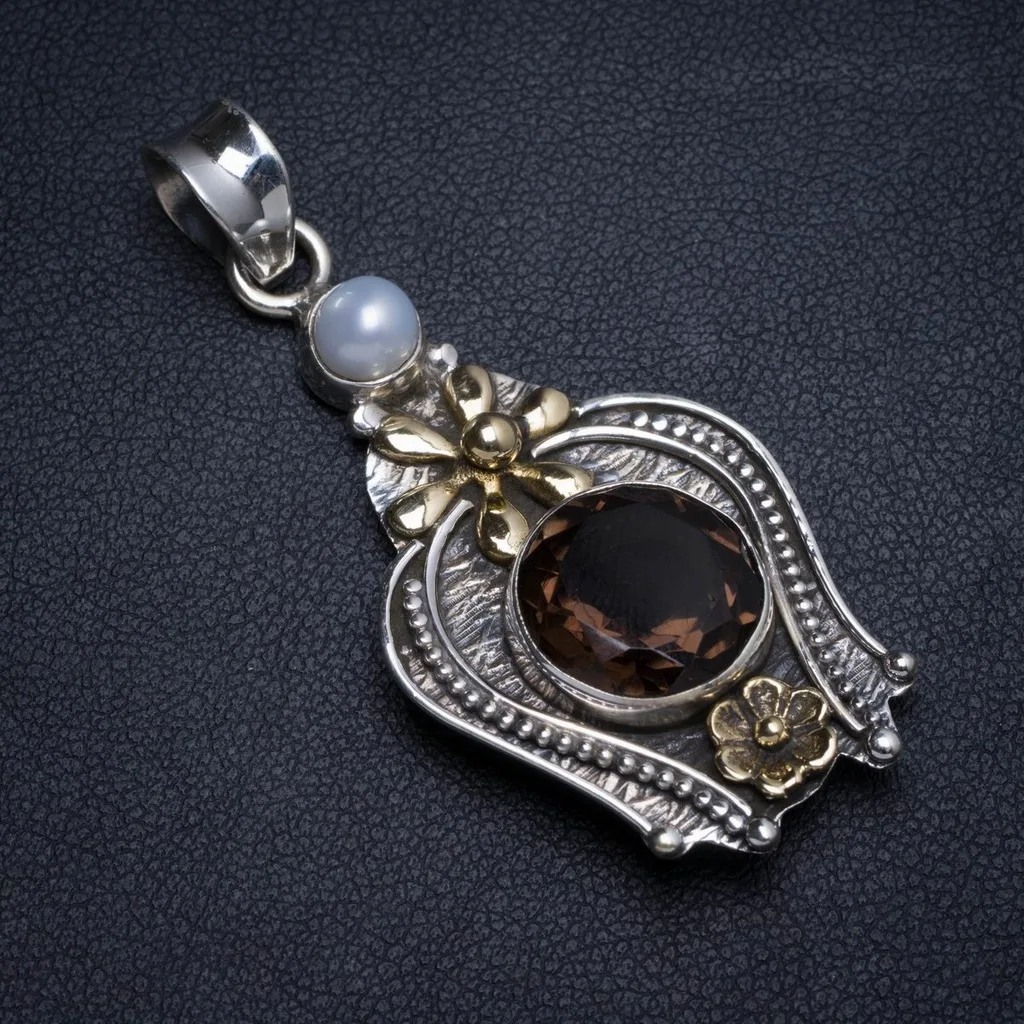 

Natural Two Tones Smoky Quartz and River Pearl Handmade Unique 925 Sterling Silver Pendant 2" X0188