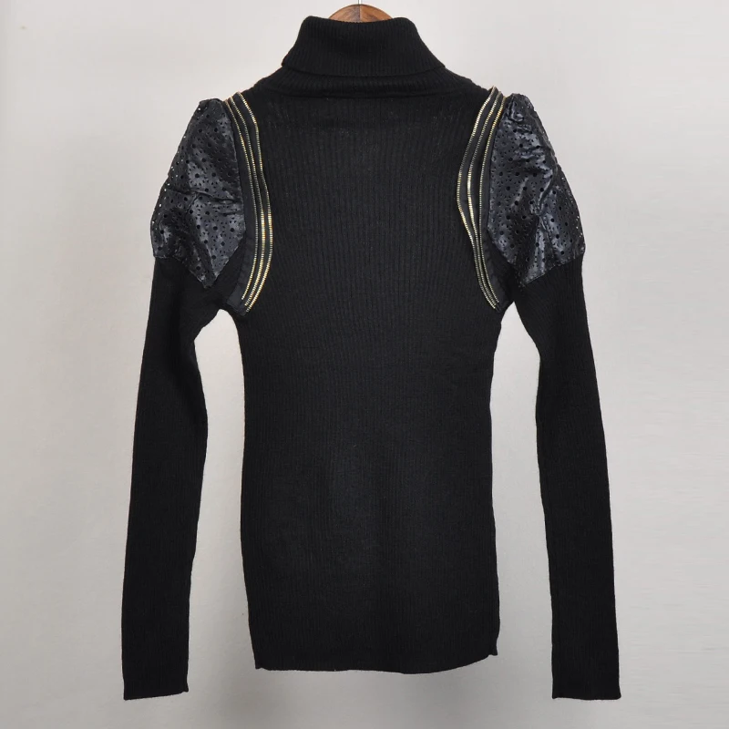 2018 Autumn Black Long Sleeve Women Slim Turtleneck Sweater PU Leather Shoulder Pure Color Office Lady Knitting Pullovers FSJQ47 | Женская