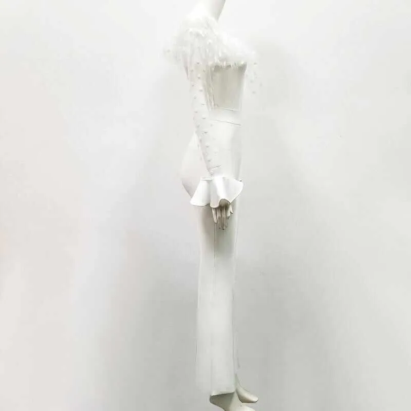 wholesale Newest Celebrity Party Bandage Jumpsuit White lace Long sleeve V-neck sexy perspective Length Women | Женская одежда
