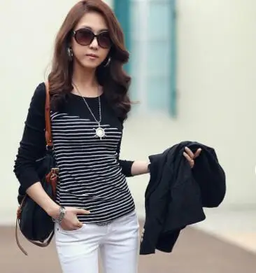 ECTTC 2019 Fashion Women Lady Clothing T-Shirts Tops Striped Cotton Brief Long Sleeve T Shirt Casual Tee Autumn | Женская одежда
