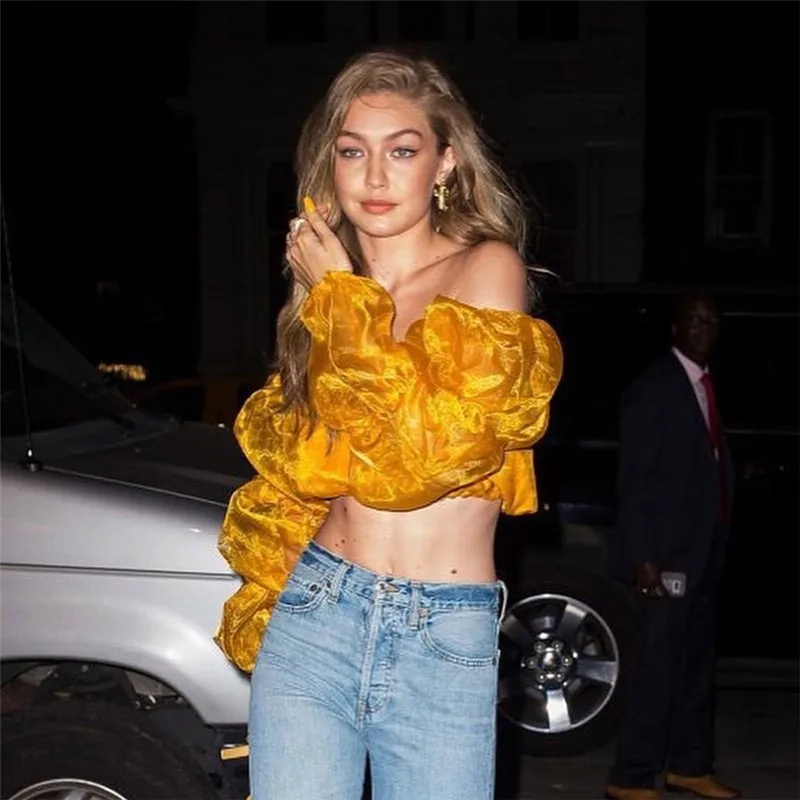 Сплошной сексуальный укороченный топ с открытыми плечами футболки женские Gigi