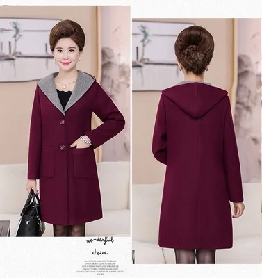 Purple red Autumn Winter Woolen Coat Women Hooded New Middle-aged Mother Clothes Long Slim Wool Coat Womens windbreaker Plus Size coat 5XL - Цвет: Purple red