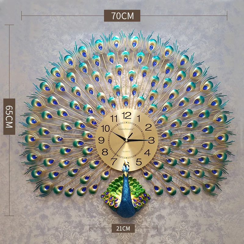 70cm65cm Теплые европейские креативные минималистичные настенные часы современный дом 3D часы с павлином гостиной немой часы модные декоративные кварцевые часы - Цвет: 70cm65cm