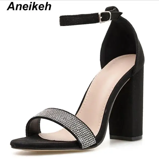 Black Aneikeh Women Shoes Sandals Round Toe Diamond Square High Heels Summer Party Daily Buckle Strap Ankle Cover Heel Size 35-42 - Цвет: Black