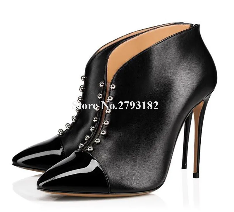 

Женские лакированные полусапожки Rousmery, Черные ботильоны на тонком каблуке с острым носком и молнией сзади, ботильоны на высоком каблуке