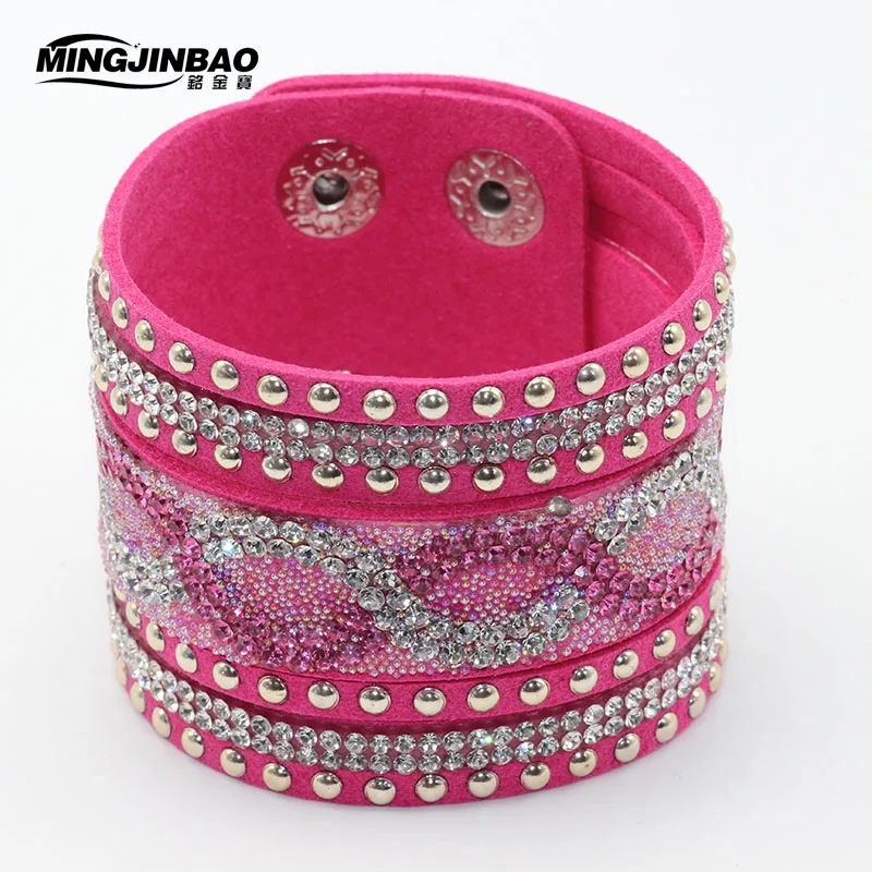 Модные кожаные Обёрточная Бумага Браслет манжета Punk кристалл горный хрусталь