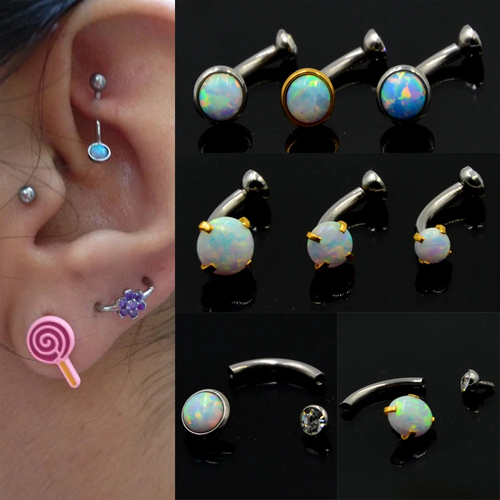 Серьга гвоздик для бровей с опалом и фианитом 1 шт.|body piercing jewelry|piercing jewelrytragus cartilage