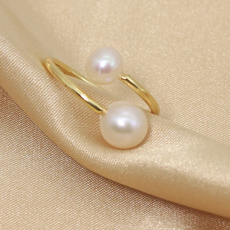 Double Interlaced Pearls Ring Golden Simple Real Freshwater Pearl Wedding For Women Jewelry Gift | Украшения и аксессуары