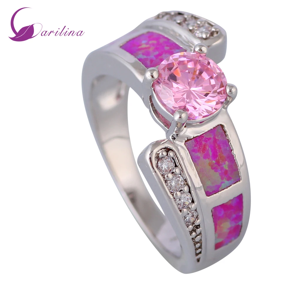 

New 2021 Fashion Opal Rings Pink Morganite Pink Fire Opal Stamp Silver Color Ring For Womens Size 5 6 7 8 9 R529