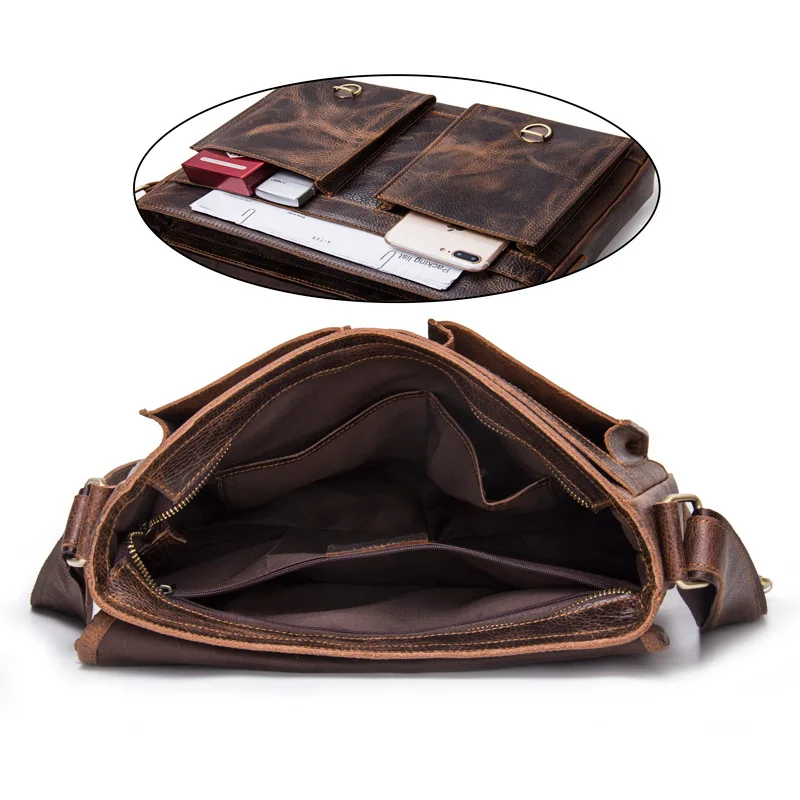Men's shoulder bag leather handbag brown crazy horse Messenger large capacity |
