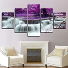 Печать на холсте, постер для декора гостиной, картина в рамке, 5 шт., с фиолетовым лесом дерево, озеро с водопадом пейзаж, настенное искусство