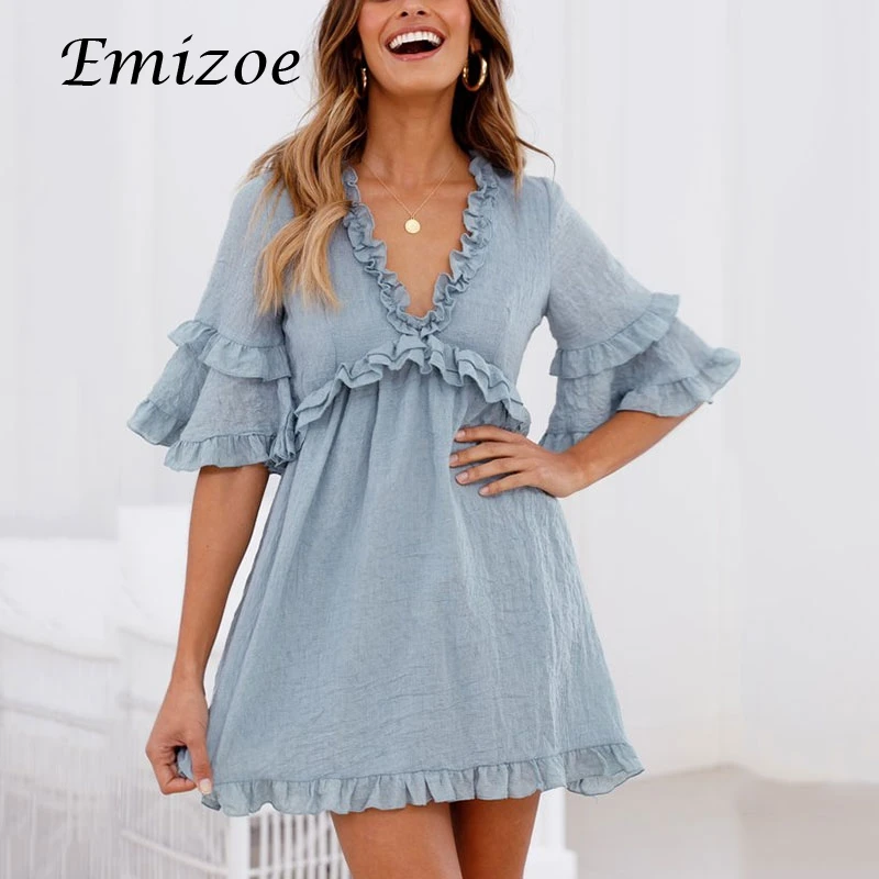 Женское короткое платье с оборками Emizoe вечернее мини без застежки v образным