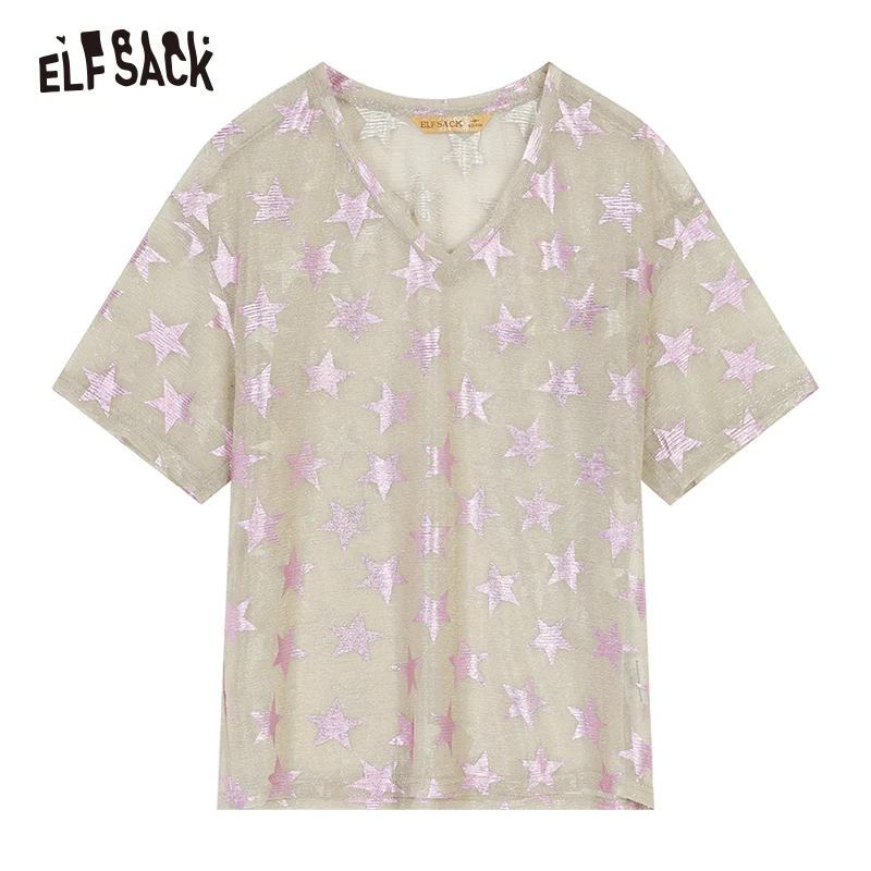 Женские топы с графичным принтом ELF SACK открытая футболка оверсайз V образным