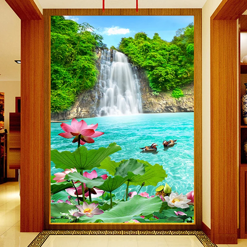 

Custom Mural Wallpaper 3D Waterfalls Lotus Fresco Living Room Hotel Entrance Background Wall Paper For Walls 3 D Papel De Parede