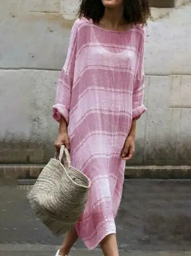 Новое модное женское хлопковое льняное Свободное длинное платье в полоску с