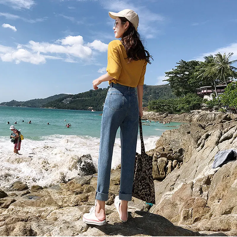 2019 spring new women's clothing high waist loose thin nine points wide leg jeans autumn solid color wild women straight trouser |