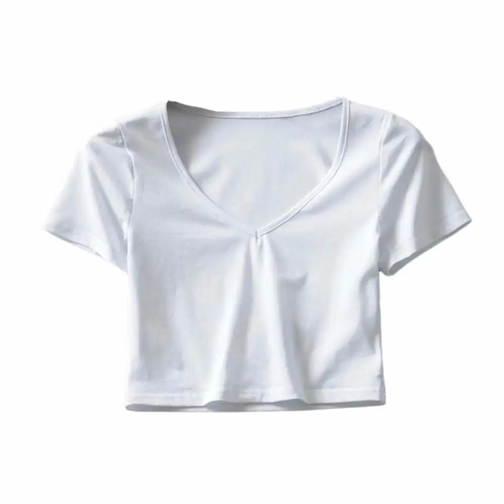 BRADELY MICHELLE crop tops для сексуальных женщин Лето Женский Чистый хлопок v-образный вырез короткий рукав однотонная эластичная блузка - Цвет: white