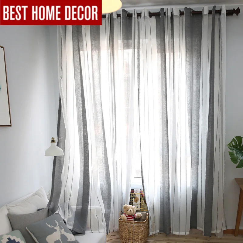 Elka современные льняные полосатые тюлевые прозрачные оконные шторы для гостиной