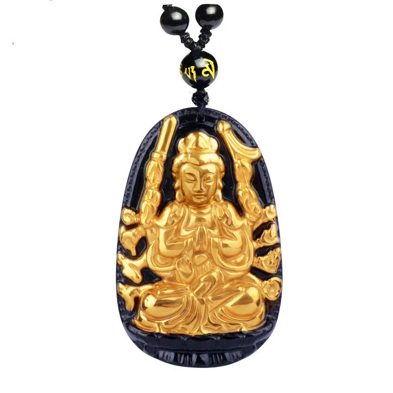 

Wholesale High Quality Gold+ Natural Black Obsidian Carved Buddha Lucky Amulet Pendant For Women Men pendants Gift Jewelry